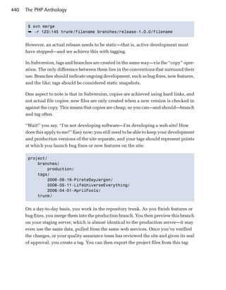 440   The PHP Anthology


       $ svn merge

       ➥ -r 123:145 trunk/filename branches/release-1.0.0/filename 



      However, an actual release needs to be static—that is, active development must
      have stopped—and we achieve this with tagging.

      In Subversion, tags and branches are created in the same way—via the “copy” oper­
      ation. The only difference between them lies in the conventions that surround their
      use. Branches should indicate ongoing development, such as bug fixes, new features,
      and the like; tags should be considered static snapshots.

      One aspect to note is that in Subversion, copies are achieved using hard links, and
      not actual file copies; new files are only created when a new version is checked in
      against the copy. This means that copies are cheap, so you can—and should—branch
      and tag often.

      “Wait!" you say. “I’m not developing software—I’m developing a web site! How
      does this apply to me?” Easy now; you still need to be able to keep your development
      and production versions of the site separate, and your tags should represent points
      at which you launch bug fixes or new features on the site:

       project/

           branches/

               production/

           tags/

               2006-09-19-PirateDayJargon/

               2006-05-11-LifeUniverseEverything/

               2006-04-01-AprilFools/

           trunk/ 



      On a day-to-day basis, you work in the repository trunk. As you finish features or
      bug fixes, you merge them into the production branch. You then preview this branch
      on your staging server, which is almost identical to the production server—it may
      even use the same data, pulled from the same web services. Once you’ve verified
      the changes, or your quality assurance team has reviewed the site and given its seal
      of approval, you create a tag. You can then export the project files from this tag:
 