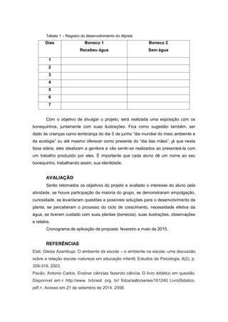 Tabela 1 – Registro do desenvolvimento do Alpiste
Dias Boneco 1
Recebeu água
Boneco 2
Sem água
1
2
3
4
5
6
7
Com o objetivo de divulgar o projeto, será realizada uma exposição com os
bonequinhos, juntamente com suas ilustrações. Fica como sugestão também, ser
dado às crianças como lembrança do dia 5 de junho “dia mundial do meio ambiente e
da ecologia” ou até mesmo oferecer como presente do “dia das mães”, já que nesta
faixa etária, eles idealizam a genitora e vão sentir-se realizados ao presenteá-la com
um trabalho produzido por eles. É importante que cada aluno dê um nome ao seu
bonequinho, trabalhando assim, sua identidade.
AVALIAÇÃO
Serão retomados os objetivos do projeto e avaliado o interesse do aluno pela
atividade, se houve participação da maioria do grupo, se demonstraram empolgação,
curiosidade, se levantaram questões e possíveis soluções para o desenvolvimento da
planta, se perceberam o processo do ciclo de crescimento, necessidade efetiva da
água, se tiveram cuidado com suas plantas (bonecos), suas ilustrações, observações
e relatos.
Cronograma de aplicação da proposta: fevereiro a maio de 2015.
REFERÊNCIAS
Elali, Gleice Azambuja. O ambiente da escola – o ambiente na escola: uma discussão
sobre a relação escola–natureza em educação infantil. Estudos de Psicologia, 8(2), p.
309-319, 2003.
Pavão, Antonio Carlos. Ensinar ciências fazendo ciência. O livro didático em questão.
Disponível em:< http://www. tvbrasil. org. br/ fotos/salto/series/161240 LivroDidatico.
pdf.>. Acesso em 21 de setembro de 2014, 2006.
 
