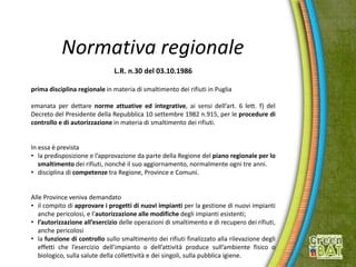 Normativa regionale
L.R. n.30 del 03.10.1986
prima disciplina regionale in materia di smaltimento dei rifiuti in Puglia
emanata per dettare norme attuative ed integrative, ai sensi dell’art. 6 lett. f) del
Decreto del Presidente della Repubblica 10 settembre 1982 n.915, per le procedure di
controllo e di autorizzazione in materia di smaltimento dei rifiuti.
In essa è prevista
• la predisposizione e l’approvazione da parte della Regione del piano regionale per lo
smaltimento dei rifiuti, nonché il suo aggiornamento, normalmente ogni tre anni.
• disciplina di competenze tra Regione, Province e Comuni.
Alle Province veniva demandato
• il compito di approvare i progetti di nuovi impianti per la gestione di nuovi impianti
anche pericolosi, e l’autorizzazione alle modifiche degli impianti esistenti;
• l’autorizzazione all’esercizio delle operazioni di smaltimento e di recupero dei rifiuti,
anche pericolosi
• la funzione di controllo sullo smaltimento dei rifiuti finalizzato alla rilevazione degli
effetti che l’esercizio dell’impianto o dell’attività produce sull’ambiente fisico o
biologico, sulla salute della collettività e dei singoli, sulla pubblica igiene.
 