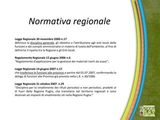 Normativa regionale
Legge Regionale 30 novembre 2000 n.17
definisce la disciplina generale, gli obiettivi e l’attribuzione agli enti locali delle
funzioni e dei compiti amministrativi in materia di tutela dell’ambiente, al fine di
definirne il riparto tra la Regione e gli Enti locali.
Regolamento Regionale 12 giugno 2006 n.6
“Regolamento d’applicazione per la gestione dei materiali inerti da scavo”;
Legge Regionale 14 giugno 2007 n.17
che trasferisce le funzioni alle province a partire dal 01.07.2007, confermando la
delega di funzioni alle Province già prevista nella L.R. n.30/1986.
Legge Regionale 31 ottobre 2007 n.29
“Disciplina per lo smaltimento dei rifiuti pericolosi e non pericolosi, prodotti al
di fuori della Regione Puglia, che transitano nel territorio regionali e sono
destinati ad impianti di smaltimento siti nella Regione Puglia.”
 