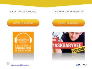SOCIAL PROS PODCAST THE #ASKGARYVEE SHOW
Listen Now to SMACtalk Live
Listen / Subscribe Listen / Subscribe
 