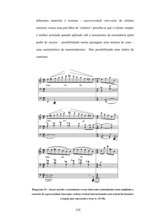 diferentes materiais e texturas - expressividade intervalar de sétimas

   menores versus uma pré-idéia de ‘clusters’; perceba-se que o cluster sempre

   é melhor acionado quando aplicado sob o mecanismo da ressonância (pelo

   pedal de sustain – possibilitando nestas passagens uma mistura de sons –

   uma característica do transtonalismo). Mas possibilitando uma ordem de

   contraste.




Diagrama 15 - cluster acorde e ressonância versus intervalos (entendendo como ampliado o
conceito de expressividade intervalar; ordem vertical intersecionado com ordem horizontal (
                         o arpejo que representa o koto (c. 15-18).



                                       124
 