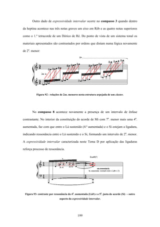 Outro dado de expressividade intervalar ocorre no compasso 3 quando dentro

da heptina acontece nas três notas graves um eixo em Réb e as quatro notas superiores

como o 1.º tetracorde de um Dórico de Ré. Do ponto de vista de um sistema tonal os

materiais apresentados são contrastados por ordens que distam numa lógica novamente

de 2a. menor:




          Figura 92 - relações de 2as. menores nesta estrutura arpejada de um cluster.




       No compasso 8 acontece novamente a presença de um intervalo de ênfase

contrastante. No interior da constituição do acorde de Mi com 7a. menor mais uma 4a.

aumentada, faz com que entre o Lá sustenido (4.ª aumentada) e o Si estejam a ligadura,

indicando ressonância entre o Lá sustenido e o Si, formando um intervalo de 2a. menor.

A expressividade intervalar caracterizada neste Tema D por aplicação das ligaduras

reforça processo de ressonância.




 Figura 93- contraste por ressonância da 4a. aumentada (Lá#) e a 5a. justa do acorde (Si) – outro
                               aspecto da expressividade intervalar.




                                               199
 