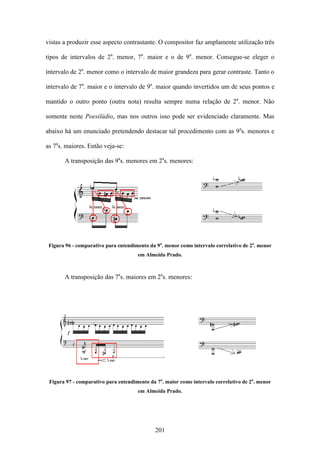 vistas a produzir esse aspecto contrastante. O compositor faz amplamente utilização três

tipos de intervalos de 2a. menor, 7a. maior e o de 9a. menor. Consegue-se eleger o

intervalo de 2a. menor como o intervalo de maior grandeza para gerar contraste. Tanto o

intervalo de 7a. maior e o intervalo de 9a. maior quando invertidos um de seus pontos e

mantido o outro ponto (outra nota) resulta sempre numa relação de 2a. menor. Não

somente neste Poesilúdio, mas nos outros isso pode ser evidenciado claramente. Mas

abaixo há um enunciado pretendendo destacar tal procedimento com as 9as. menores e

as 7as. maiores. Então veja-se:

       A transposição das 9as. menores em 2as. menores:




 Figura 96 - comparativo para entendimento da 9a. menor como intervalo correlativo de 2a. menor
                                      em Almeida Prado.



       A transposição das 7as. maiores em 2as. menores:




 Figura 97 - comparativo para entendimento da 7a. maior como intervalo correlativo de 2a. menor
                                      em Almeida Prado.




                                             201
 