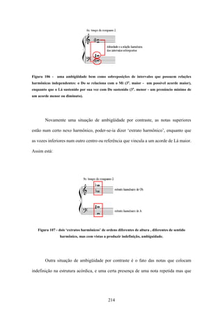 Figura 106 -   uma ambigüidade bem como sobreposições de intervalos que possuem relações
harmônicas independentes: o Do se relaciona com o Mi (3a. maior - um possível acorde maior),
enquanto que o Lá sustenido por sua vez com Do sustenido (3a. menor - um prenúncio mínimo de
um acorde menor ou diminuto).




       Novamente uma situação de ambigüidade por contraste, as notas superiores

estão num certo nexo harmônico, poder-se-ia dizer ‘extrato harmônico’, enquanto que

as vozes inferiores num outro centro ou referência que vincula a um acorde de Lá maior.

Assim está:




   Figura 107 - dois ‘extratos harmônicos’ de ordens diferentes de altura , diferentes de sentido
                 harmônico, mas com vistas a produzir indefinição, ambiguidade.




       Outra situação de ambigüidade por contraste é o fato das notas que colocam

indefinição na estrutura acórdica, e uma certa presença de uma nota repetida mas que




                                               214
 