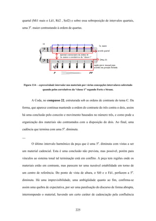 quartal (Mi1 mais o Lá1, Ré2 , Sol2) e sobre essa sobreposição de intervalos quartais,

uma 3a. maior contrastando à ordem de quartas.




 Figura 114 - expressividade intervalar nos materiais por várias concepções intervalares sobretudo
                 quando pelos correlativos da “classe 1” segundo Forte e Straus.



        A Coda, no compasso 22, estruturada sob as ordens de contraste do tema C. Da

forma, que aparece continua mantendo a ordem do contraste do três contra o dois, assim

há uma conclusão pelo conceito e movimento baseados no número três, e como pode a

organização dos materiais são contrastados com a disposição do dois. Ao final, uma

cadência que termina com uma 5a. diminuta.

__

        O último intervalo harmônico da peça que é uma 5a. diminuta com vistas a ser

um material cadencial. Esta é uma conclusão não prevista, mas possível, porém para

vínculos ao sistema tonal tal terminação está em conflito. A peça tem regiões onde os

materiais estão em contraste, mas parecem ter uma razoável estabilidade em torno de

um centro de referência. Do ponto de vista de altura, o Si0 e o Fá1, perfazem a 5a.

diminuta. Há uma imprevisibilidade, uma ambigüidade quanto ao fim, confirma-se

assim uma quebra de expectativa, por ser uma paralisação do discurso de forma abrupta,

interrompendo o material, havendo um certo caráter de cadenciação pela confluência



                                               225
 