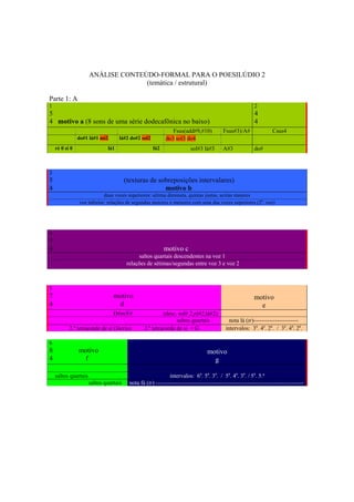ANÁLISE CONTEÚDO-FORMAL PARA O POESILÚDIO 2
                                    (temática / estrutural)

Parte 1: A
1                                                                                                       2
5                                                                                                       4
4 motivo a (8 sons de uma série dodecafônica no baixo)                                                  4
                                                              Fsus(add#9,#10)           Fsus#3)/A#                Csus4
                do#1 lá#1 mi2       lá#2 do#2 sol2         do3 sol3 do4
    ré 0 si 0                 lá1                    fá2                sol#3 lá#3      A#3             do#



3
5                                       (texturas de sobreposições intervalares)
4                                                      motivo b
                            duas vozes superiores: sétima diminuta, quintas justas, sextas maiores
                voz inferior: relações de segundas maiores e menores com uma das vozes superiores (2a. voz)




4
5
4                                                          motivo c
                                             saltos quartais descendentes na voz 1
                                        relações de sétimas/segundas entre voz 3 e voz 2



5
7                                motivo                                                                 motivo
4                                 d                                                                       e
                                 D#m/F#                  (desc. sol# 2,ré#2,lá#2)
                                                               saltos quartais              nota lá (tr)-----------------------
           2.º tetracorde de si (lócrio)        2.º tetracorde de si = G                  intervalos: 3a. 4a. 2a. / 3a. 4a. 2a.

6
8               motivo                                                          motivo
4                f                                                                g

    saltos quartais                                          intervalos: 6a. 5a. 3a. / 5a. 4a. 3a. / 5a. 5.ª
                      saltos quartais    nota fá (tr) ----------------------------------------------------------------------------




                                                              263
 