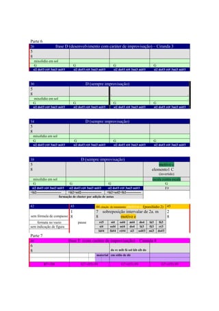 Parte 6
26                  frase D (desenvolvimento com caráter de improvisação) – Ciranda 3
5
8
     mixolídio em sol
     G                             G                                G                           G
    si2 do#3 ré# 3mi3 mi#3         si2 do#3 ré# 3mi3 mi#3           si2 do#3 ré# 3mi3 mi#3       si2 do#3 ré# 3mi3 mi#3



30                                          D (sempre improvisação)
5
8                                                               .                                                         .
    mixolídio em sol                                            .                                                         .
    G                              G                                G                           G
    si2 do#3 ré# 3mi3 mi#3         si2 do#3 ré# 3mi3 mi#3           si2 do#3 ré# 3mi3 mi#3       si2 do#3 ré# 3mi3 mi#3



34                                          D (sempre improvisação)
5
8
    mixolídio em sol
    G                               G                               G                           G
    si2 do#3 ré# 3mi3 mi#3         si2 do#3 ré# 3mi3 mi#3           si2 do#3 ré# 3mi3 mi#3       si2 do#3 ré# 3mi3 mi#3



38                                       D (sempre improvisação)
5                                                                                                  motivo c
8                                                                                              elemento1 C
                                                                                                    (invertido)
    mixolídio em sol                                                                            escala contra escala
    G                          G                               G                                         G
 si2 do#3 ré# 3mi3 mi#3         si2 do#3 ré# 3mi3 mi#3       si2 do#3 ré# 3mi3 mi#3                      F#
+lá2-----------------------    +lá2+sol2------------------- +lá2+sol2+fá2--------------
                         formação de cluster por adição de notas

42                             43                  44 citação          motivo c (poesilúdio 2) 45
                                                                de tratamento
                               1                   7     sobreposição intervalar de 2a. m      2
sem fórmula de compasso 8                          8               motivo e                    8
    fermata no vazio                    pausa           ré5      si4    sol4    mi4    do4    lá3    fá3
sem indicação de figura                                 si4     sol4    mi4     do4    lá3    fá3    ré3
                                                       lá#4     fá#4    ré#4    si3   sol#3   mi3   do#3
Parte 7
46                           frase E (com caráter de improvisação) – Ciranda 4
6
8                                                               do re mib fá sol láb sib do
                                                    material em eólio de dó

           B7+/D#                        G7+(#5) #9                      G7+(#5) #9                   G7+(#5) #9




                                                              274
 