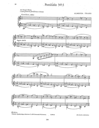 peça explora:                       5)exploração de timbres por sobreposições de camadas de materiais
1)Sobreposição                      em defasagem; 6) as sobreposições assumindo papel de contraponto
entre modos                         de intervalosque privilegiam 2as., 4as.;
(eólio e harmonias
outras)
2)Dualidade e
dubiedade entre     1
modo maior e
menor
3)Sobreposição               Bbm                               Bbm
de
de tons e acordes
quartais
4)Sobreposição                             Bbm7
de mixolídio e ou 3                                                   Bbm7/Ab
traz relações de
dubiedade
         Bbm                               Bbm                         Bbm



                 6                   harmonia
                                     quartal                  G7/D



                 Bbm                                      Bbm




             8                     C7+/E
                 Dm7                                                 G7(6)/B



                 Bbm                   Bbm                           Bbm




            11
                     Dm7/A                 Cm7/G                      B7+/F#


                  Am melódica              G (jônio em sol)           F (lídio em fá)




                                                 284
 