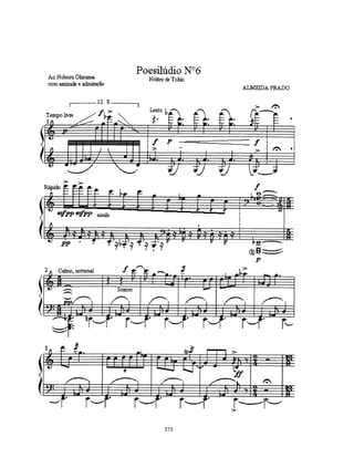 peça explora:

1)sobreposição de modos mais variadamente com omissão de graus..; 2)utilização de uníssonos; 3)dubiedade
na escrita, (ampla utilização de enharmonia para indicar dubiedade sobreposições tonais; 4)omissão de graus
em determinados modos causando sobreposição de dubiedades (indefinição harmônica); 5)novas texturas em
camadas com sétimas menores, sobreposição de quintas (vários tipos) e clusters; 6)parâmetros diferentes de
figuração rítmica; 7)organizações intervalares com objetivo de produzir níveis ou camadas de timbres
(consultar classe da alturas de Forte e Lester); 8) indefinição por omissão de graus de modos e acordes (como
eólio de dó, sem 7o. grau).


                 Ab7+(add#4)/D               Gsus (b9) sub compasso=elemento motívico 2
       sub compasso=elemento motívico 1




                                                 9a.M
 intercalação
 quartal


                                 sub compasso=elemento motívico 3          sub compasso=elemento motívico 4
eólio em do
                                                                                              Dsus(b4)
uníssono
com notas
repetidas
na mão di
reita
                                                                                              Em(omit5)b8
                                       eólio de dó - sem 7o. grau Cm(add b6)



lídio de
Ab



Em7(omit5)xE7(omit5)                  enharm = láb = sol#   dubiedade escrita novamente

                                                             C                 dórico de dó




                                                    292
 