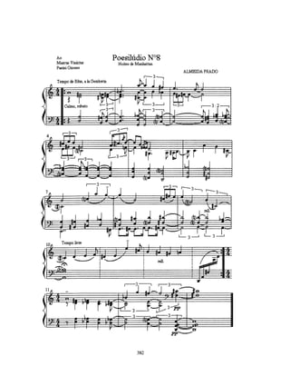 peça explora:
1)sobreposição de extratos de duas harmonias
2)textura utilizando intervalos de sextas predominantes e outras variações desse intervalo (vários
desenvolvimentos)
3)defajazem no tempo, na apresentação de materiais e discurso entre as mãos esquerda e direita (principal
característica dessa peça).


                                                                                Bm7(omit3) Dm7,b5(omit3)

                                 A (b6)               A/C# Ab(6#)                                       C7 (omit3)
                                          D(add b6)                      Em/G

sobreposição
 de estratos
                                                  Emb5/G
  de duas               D
 harmonias

        C7(#8,#5,4,9)              E/B                           Am/C



                                  G/A                                        Gm     F#m
                                              Am/G Dm/F Dm7
                                                                                                 textura de sextas


                                                                                               Jônico de D


                        E(#5) A/E Em7(b5) C#m/G# Dm/A D#m/A#
               Em6

                                                                                                cromatismo
               Gm/A         Dm            G(#5)
                                    E                                                           ascendente


                                                                                D
                                    Jônico de E - indefinição no 4o. grau


                        D/E Db/Eb C/D




                                          Gb(##5)/Db        C6
                                                                        D7+(6,9)



                                                      310
 