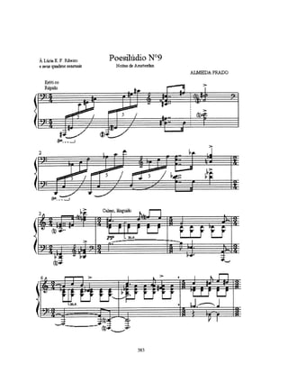 peça explora:
1)exploração de regiões graves (inusuais); 2) aberturas e posicionamentos de intervalos nos acordes a fim de
possibilitar variações timbrísticas; 3) dubiedade e contraste por intervalos que indicam dúvida, ou contraste entre
fundamentais dos acordes, e ou duvida entre as modais (mediantes) menor / maior; 4) sobreposições de harmo
nias diferentes com eixos de fundamentais distantes de 2as. (M / m); 5) sobreposição de harmonias com
defazagem de tempo entre as ocorrências dos acordes; 6) ocorrência de intervalos inusuais em procedimentos
harmônicos de natureza tonal (na cifragem da harmonia) 7) superposição de materiais melódicos em outros
modos superpondo com estruturas harmônicas; 8) superposição de modos;




                                                                D#7
                                                                                D7(9)/A
                         A#o




                                                                  Fsus(7,6)/G
                                                                                   Dbsus(add #5,9,#11)
                                                                  Gsus (b6,7,11)
                   Dm7(b5)
                                                                                                   láb e lá
                                                                                                   dubiedade,
                                                                                                   confronto,
                                                                                                   contraste


                                                                                          extrato do Eb7
                               Db7       Bm(9)                        G/B Eb7+ Eb7        trítono sobre A
                 F(,b6,7,b9)




                               Bbo




                                        sobreposição de acordes
                      Cm/A                                                Bbm9
                                        Cm/D Eb(add#4,6)/D




                                                     3as nas extremas
                                                     agudo/grave                           dubiedade:
                                                                                           o do# e o ré# estão
                                                                                           previstos como
                                                                                           enarmônicos
                                                                                           possíveis do acorde
                                                                                           ou escala real de
                                                      313                                  Eólio de Bb
 
