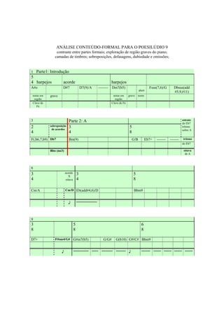ANÁLISE CONTEÚDO-FORMAL PARA O POESILÚDIO 9
               contraste entre partes formais; exploração de região graves do piano;
              camadas de timbres; sobreposições, defasagens, dubiedade e omissões;


1 Parte1: Introdução
5
4 harpejos          acorde                                              harpejos
A#o                 D#7                   D7(9)/A           --------    Dm7(b5)                           Fsus(7,6)/G         Dbsus(add
                                                                                                 abert
                                                                                                                              #5,9,#11)
notas em   grave                                                         notas em   grave      norm
 região                                                                   região
Clave de                                                                Clave de Fá
   Fá



3                          Parte 2: A                                                                                                estrato
                                                                                                                                     do Eb7
2          sobreposição
            de acordes
                           3                                                           5                                             trítono
                                                                                                                                     sobre A
4                          4                                                           8
F(,b6,7,b9) Db7            Bm(9)                                                           G/B         Eb7+     -------    -------   trítono
                                                                                                                                     do Eb7

           Bbo (no3)                                                                                                                  oitava
                                                                                                                                       de A



6
3                       acorde        3                                                    5
                           X
4                        oitava       4                                                    8

Cm/A                    Cm/D Eb(add#4,6)/D                                                  Bbm9


                           e          -------------------




9
3                                 5                                                                6
8                                 8                                                                8

D7+           F#sus4/G# G#m7(b5)                                G/G#         G(b10) G9/C# Bbm9


                    e             -------------- ------       ----------     --------- e           --------   ------- ------- ------- -------




                                                                       316
 