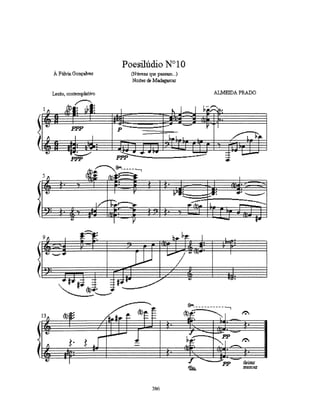 peça explora: (como numa síntese de procedimentos esse poesilúdio é uma amostra rápida de alguns
procedimentos:
1)sobreposição de harmonias diferentes; 2)sobreposição de estratificação (graus omitidos) de harmonias
diferentes; 3)sobreposição de escalas e linhas melódicas escalares; 4)harmonias quartais com várias
possibilidades;
5)harpejos de mão esquerda com relações complexas de intercalações de quartas; 6)dubiedade e contraste
em uma mesma harmonia através de intervalos de terças M e m, indefinindo acordes e sobreposição de
intervalos equidistantes de 2as. menores;



                      Em7     Gb(#5)7+
                                                            harmonia
                                                            quartal
                                                                       F(omit5,add4)
                                     A#o



                             Am/G



           harmonia
                                         G6(b9,add9,11                        harmonia
           quartal                                          Bbm
                                         )                                    quartal


sobreposições quartais distadas de           modo menor
uma 2a. menor                                harmônico de
                                             Cm

                         F7+(omit5)/A#                            contraste E x Eb


                                                                                                dubiedade,
                                                                                                confronto,
                                                                  Em7(omit5    D(b6,b9,add b10) contraste
                                                                  )                             fa# x fá
                                                                                                ré x mib
                                                        contraste F# x F

                                               trítono
          Am(add #3)/G# F#add9)(omit5,b6)




                                            mi x fá
                                            distância de    sobreposição de intervalos com distam
                                            sobreposição de uma segunda menor entre eles
                                            2a. menor
                                                  319
 