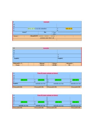 9                                                       transição
11
 8
4                           dórico de lá (voz do contralto)                           3                 lídio de do
4                                                                                     8
                 A(sus)7                                Dm                 Csus        -------------------------------------------------
                                                                           (#4)
A(sus)                          D(omit5)/F# ---------       --------   ---------
                                                 contrate entre fas# e fá




10                                                     transição
11
8
4                                                                                      3
4                                                                                      8
    Fadd9/C                                                                            Fadd9/C


Ebb(omit5 e 7)                                   Db(omi                   Gb(om                          Ab(omit3)/
   8 aum                                         t3)/Ab                   it5)/Bb                           Eb




11                                           Frase B (outro ostinato no baixo)
11
 8
4             eólio de lá              3      eólio de lá         4            eólio de lá                        3 eólio de lá
4                                      8                          4                                               8
Fadd9/C                                    melodia em Am                     melodia em Am                        melodia em Am

Ebm(add4)/Bb                           Ebm(add4)/Bb               Ebm(add4)/Bb                                      Ebm(add4)/Bb




13                                           Frase B (outro ostinato no baixo)
11
 8
4             eólio de lá              3      eólio de lá         4                eólio de lá                    3 eólio de lá
4                                      8                          4                                               8
          melodia em Am                    melodia em Am                  melodia em Am                           melodia em Am
Ebm(add4)/Bb                           Ebm(add4)/Bb               Ebm(add4)/Bb                                     Ebm(add4)/Bb




                                                             332
 