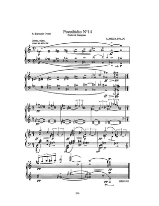 peça explora:
1)direção descendente da linha de baixo por graus conjuntos (2as. M e m) - (1o. , 2o. sistemas); 2) idéia de
desenvolvimento por textura coral; 3)relações quartais e aberturas de 6a. e 3a. utilizando a linha descendente
da harmonia de meio em meio tom; 4)pontuações de estrutura de harmonias quartais mais inserções de
trítonos proporcionalmente colocados, assim mais relações descendentes complexas de adicionamentos
de graus b4,b3,b2); 5) outra questão ainda não abordada, é o fato que muitas vezes a enharmonia traz
dubiedade e contraste pela escrita, mas de fato a finalização determinante ocorre no som na escuta.

                                   Em
                                                              Gm9/Bb
                    Abm(add#5) Gb sus
                               (#5 7, Ab/Eb C6/D C#7 F#sus Em7/B
                               7+) 9             omit5,           A7(omit5)
                                                  9

                                                                     C(omit5)


                                                               Ebm7/Bb
               Gm(add#) F(#5)7+ Ebm6 C#(omit3)9                                 Gb(fund)9
                                                                                                         Ab7
               4)                G(add4)/D                  Fsus        Gb(#5)
                                                                                                           1o. sistema
                                                             Bomit5         Bbomit5                        2o. sistema
                                                                                               8 vozes     baixos por grau
                                                                                                           conjunto
aberturas de
                                                                                                           (intervalos de
vozes                                                                           A(omit5)
                                                      F/C                                                  2as. maiores e
sistematização
                       Ab/Eb     G/D                                 E/B                                   menores)
da textura por:                         F#/C# F#m/C#                             Eb/Bb
  intervalos
  sextas e
                        6a     3a. 6a 3a.   6a 3a. 6a         3a.                            3a.
  terças                                                              6a 3a.       6a
                        .          .        .      .                                                      relações
                                                                      .            .
  intervalos                                                                                              descendentes
  quartais                                                                                                complexas de
                  7 vozes                       7 vozes                                                   adicionamentos
                                                                            F(omit5) 7,9)
                                                                                                          de graus
  harmonia
                                                                                                          b4,b3,b2)
  quartal
                   Bm(b5)          A#(add b4)                D#o(add b3)                    G#m(b5)(add b2)

                                                   A#m(b5)                        5 vozes
                             trítonos
                                                                    7a. M                                dubiedade
       cromatismo                                                                 Fsus4/A
       ascendente                           5a.j                                                         por enharmonia
                                                                       6 vozes                           idéia de
                                                                                                         suspensão
                               Asus4    Ebm(add4)/Gb                                                     por intervalos
                                                                                                         de quarta no
                                                                                                         que tange a
                                                                                                         escuta
                    presença contínua de    6 vozes
                    intervalos de quartas                   harmonia quartal



                                                      346
 