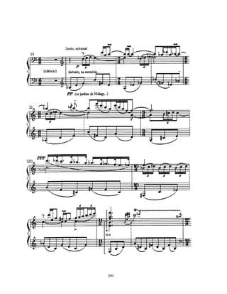(comp 19 ao comp 26)
              trecho que utiliza sistematicamente o trítono seja na forma: 4a. aum ou 5a. dim;
              na mão esquerda o encadeamento das estruturas harmônicas e intervalares
              utilizam sempre o trítono.

                                                                                             4a.j
            =trítono                                7a.m           5a.j            5a. aum




                                                    E7(omit5)                          Eb7
                                                                     Ao(omit3
                           Em(b5)/Bb                                 )



                                                            Am7
                  7a. m                     6a. M                          6a. m




                                             5a. dim 3a. M         5a. j
                     4a. aum 3a. m                                                   4a. aum 3a. m
Dm(b5)/Ab
                                            D7                                                       C#m(b5)/G

                  9a. M         cromatismo descendente
                  9a. M                                                    4a. aum referência minimalista




                   4a. aum 4a. dim 5a. j 2a. aum 4a. j                          5a. dim 3a. m


                                                                                                     F#(sus)b5,b7
                                    5a. j                                   harmonia quartal
                          4a. aum                                F(omit5                                   textura rugosa:
                9a. M
                9a. M                                            )                                         procediemento
                                                                                b9
                                                                                                           minimalista

                                                                 Esus                                       o trinado
                C7                                                         B7




                                                        4a. aum 3a. m




                                                           351
 