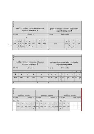 9
6
8
        padrões rítmicos variados e defasados                                          padrões rítmicos variados e defasados
                segundo compasso 8                                                             segundo compasso 8
F7+(#4)                            Lídio em Fá                               F7+(#4)                         Lídio em Fá

                               3

    e       r    r       r     r         r      e           e          e                                                r         r        e         e
 lá#0      m si          si   fá# ré#          ré#2     do#2          fá#1                      lá#0                   mi0        si       si0       fá0
           i 0           0     1   2                                                                                              0
           0
           E                                                                 A#                                        E



11
6
8
        padrões rítmicos variados e defasados                                          padrões rítmicos variados e defasados
                segundo compasso 8                                                             segundo compasso 8
F7+(#4)                            Lídio em Fá                               F7+(#4)                         Lídio em Fá

                                                                                                                                       (         3           )
     e               e              e           e                q               r      r        e      r      r             q             r     r       r
    ré#2         do#2              fá#2        lá#0             mi0          si0 fá1            ré#     si    fá            ré#        si0       fá1 ré#
                                                                                                 2      0     1              2                           2

B                                                       E                    B



13
6
8
            pedal voz superior                                  pedal voz superior                             pedal voz superior
F7+(#4)                  Lídio em Fá                  F7+(#4)                Lídio em Fá                F7+(#4)             Lídio em Fá

(fá2, mi3)                                            (fá2, mi3)                                        (fá2, mi3)

           e         e        e          e      e      e        e       e        e          e     e     e          e         e
           mi0       si0      fá1       ré#2   do#    fá#1 lá#0 mi0              si0     fá1     ré#2   do#    fá#1 lá#0
                                                2                                                        2




                                                                           355
 