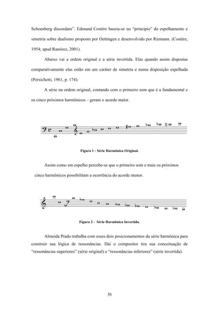 Schoenberg discordam”. Edmund Costère baseia-se no “princípio” do espelhamento e

simetria sobre dualismo proposto por Oettingen e desenvolvido por Riemann. (Costère,

1954; apud Ramirez, 2001).

       Abaixo vai a ordem original e a série invertida. Elas quando assim dispostas

comparativamente elas estão em um caráter de simetria e numa disposição espelhada

(Persichetti, 1961, p. 174).

       A série na ordem original, contando com o primeiro som que é a fundamental e

os cinco próximos harmônicos – geram o acorde maior.




                               Figura 1 - Série Harmônica Original.


       Assim como em espelho percebe-se que o primeiro som e mais os próximos

 cinco harmônicos possibilitam a ocorrência do acorde menor.




                               Figura 2 - Série Harmônica Invertida.


       Almeida Prado trabalha com esses dois posicionamentos da série harmônica para
construir sua lógica de ressonâncias. Daí o compositor tira sua conceituação de
“ressonâncias superiores” (série original) e “ressonâncias inferiores” (série invertida).




                                                36
 