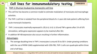 Cell lines for immunomodulatory testing14 14/05/2018
1. THP-1 (Human leukaemia monocytic cell line
 This cell line has become a common model to estimate modulation of monocyte and macrophage
activities.
 The THP-1 cell line is isolated from the peripheral blood of a 1-year old male patient suffering from
acute monocytic leukaemia.
 THP-1 monocytes maximally expressed IL-1ß,IL-6, IL-8, IL-10 and TNF-a genes after 3 h of LPS
stimulation, while gene expression appears to be maximal after 6hr.
 In addition NF-KB expression also occurs resulting in further inflammation.
Advantages
1. The average doubling time in THP-1 monocytes is around 35 to 50 h .Under growing conditions
with the use of RPMI 1640 supplemented with 10% FBS, THP-1 cells can quadruple within three
and a half days.
Wasaporn Chanput a, ⁎. J. (Aug.2014). THP-1 cell line: An in vitro cell model for immune modulation approach. Elsevier.
 