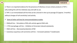 • K562cell line:- Stimulation of NK cells activity against K562 cells
• J 779 macrophage cell line :- Inhibition of chromate-induced cytotoxicity
• K562 cell line :- Decreased production of NO
• Cutaneous squamous cell carcinoma cell line :- Increased cytotoxic T lymphocytes
2. There is no reported evidence for the presence of infectious viruses ortoxic products in THP-1
cells,making this cell line relatively easy and safe to use.
3. THP-1 is an immortalized cell line that can be cultured in vitro up to passage 25 (approx. 3 months)
without changes of cell sensitivity1 and activity.
 Some of other cell lines for immunomodulatory studies
15 14/05/2018
 