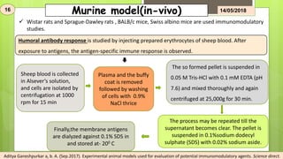 Murine model(in-vivo)
Humoral antibody response is studied by injecting prepared erythrocytes of sheep blood. After
exposure to antigens, the antigen-specific immune response is observed.
Sheep blood is collected
in Alsever’s solution,
and cells are isolated by
centrifugation at 1000
rpm for 15 min
Plasma and the buffy
coat is removed
followed by washing
of cells with 0.9%
NaCl thrice
The so formed pellet is suspended in
0.05 M Tris-HCl with 0.1 mM EDTA (pH
7.6) and mixed thoroughly and again
centrifuged at 25,000g for 30 min.
The process may be repeated till the
supernatant becomes clear. The pellet is
suspended in 0.1%sodium dodecyl
sulphate (SDS) with 0.02% sodium aside.
Finally,the membrane antigens
are dialyzed against 0.1% SDS in
and stored at- 200 C
16 14/05/2018
 Wistar rats and Sprague-Dawley rats , BALB/c mice, Swiss albino mice are used immunomodulatory
studies.
Aditya Ganeshpurkar a, b. A. (Sep.2017). Experimental animal models used for evaluation of potential immunomodulatory agents. Science direct.
 
