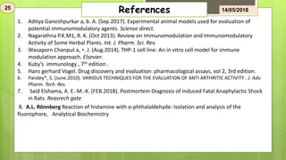 25 14/05/2018References
1. Aditya Ganeshpurkar a, b. A. (Sep.2017). Experimental animal models used for evaluation of
potential immunomodulatory agents. Science direct.
2. Nagarathna P.K.M1, R. K. (Oct 2013). Review on Immunomodulation and Immunomodulatory
Activity of Some Herbal Plants. Int. J. Pharm. Sci. Rev.
3. Wasaporn Chanput a, ⁎. J. (Aug.2014). THP-1 cell line: An in vitro cell model for immune
modulation approach. Elsevier.
4. Kuby’s immunology , 7th edition .
5. Hans gerhard Vogel. Drug discovery and evaluation: pharmacological assays, vol 2, 3rd edition.
6. Pandey*, S. (June.2010). VARIOUS TECHNIQUES FOR THE EVALUATION OF ANTI ARTHRITIC ACTIVITY . J. Adv.
Pharm. Tech. Res.
7. Said Elshama, A. E.-M.-K. (FEB.2018). Postmortem Diagnosis of Induced Fatal Anaphylactic Shock
in Rats. Reasrech gate
8. A.L. Rönnberg Reaction of histamine with o-phthalaldehyde: Isolation and analysis of the
fluorophore, Analytical Biochemistry
 