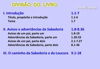 PROPÓSITOS DOS PROVÉRBIOS
1) FORNECER, ENSINAR E APLICAR INSTRUÇÃO
MORAL: Não trata de argumentar ou debater
2) ESTIMULAR O PENSAMENTO
a) Por imagens claras 11.22
b) A ter paciência e evitar a precipitação 18.13
c) A meditar e refletir 15.28
OBS.:O LIVRO TODO NÃO É DE PROVÉRBIOS
Eles só começam em 10.1
 