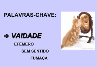 6. Da glória humana. 4.15,16: é de curta duração e logo é
esquecida.
7. Da ambição humana. 5.10: os bens não produzem
satisfação, obtido um bem, já se deseja outro.
8. Da cobiça humana. 6.6: a pessoa não consegue desfrutar
de tudo que conquistou.
Ao perseguir o prazer como um fim em si mesmo perdemos
de vista aquele que nos deu coisas boas, como o desejo
sexual, as células sensitivas do paladar e a capacidade
de apreciar a beleza.
 