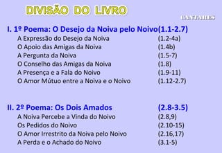 Único livro todo dedicado ao amor conjugal,
romântico e sensual.
Afirma a bondade, a segurança e a
alegria do sexo monogâmico 6.3,9a.sexo monogâmico 6.3,9a.
(necessidade psicol(necessidade psicolóógica de pertencergica de pertencer
a algua alguéém)m), e isso não é condizente com
a vida de Salomão.
NÃO HÁ NENHUM NOME DE DEUS
CANTICOSCANTICOS
 