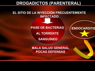 MALA SALUD GENERAL
POCAS DEFENSAS
ENDOCARDITIS
DROGADICTOS (PARENTERAL)
EL SITIO DE LA INYECCIÓN FRECUENTEMENTE
INFECTADO
PASE DE BACTERIAS
AL TORRENTE
SANGUÍNEO
 