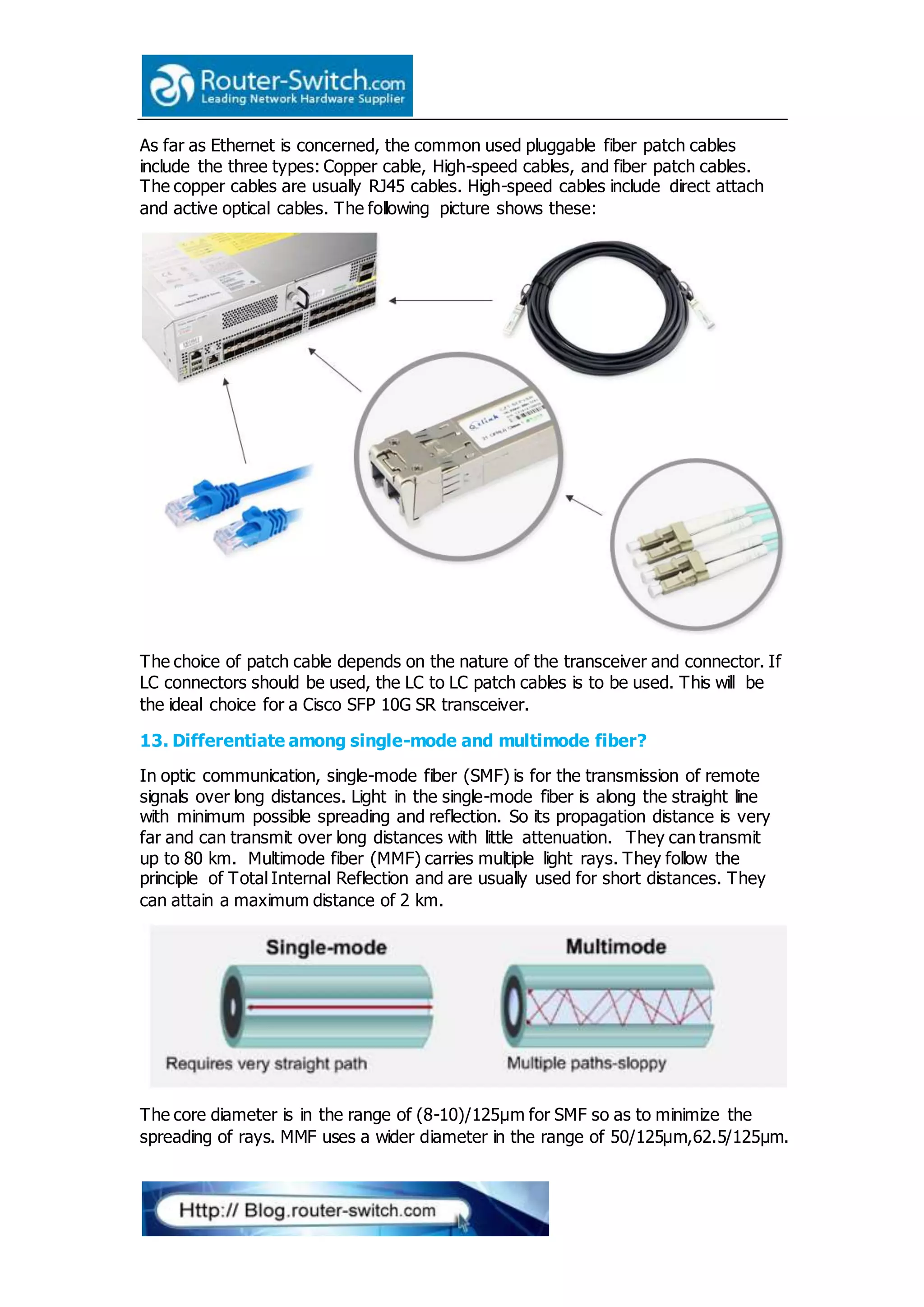 As far as Ethernet is concerned, the common used pluggable fiber patch cables
include the three types: Copper cable, High-speed cables, and fiber patch cables.
The copper cables are usually RJ45 cables. High-speed cables include direct attach
and active optical cables. The following picture shows these:
The choice of patch cable depends on the nature of the transceiver and connector. If
LC connectors should be used, the LC to LC patch cables is to be used. This will be
the ideal choice for a Cisco SFP 10G SR transceiver.
13. Differentiate among single-mode and multimode fiber?
In optic communication, single-mode fiber (SMF) is for the transmission of remote
signals over long distances. Light in the single-mode fiber is along the straight line
with minimum possible spreading and reflection. So its propagation distance is very
far and can transmit over long distances with little attenuation. They can transmit
up to 80 km. Multimode fiber (MMF) carries multiple light rays. They follow the
principle of Total Internal Reflection and are usually used for short distances. They
can attain a maximum distance of 2 km.
The core diameter is in the range of (8-10)/125μm for SMF so as to minimize the
spreading of rays. MMF uses a wider diameter in the range of 50/125μm,62.5/125μm.
 