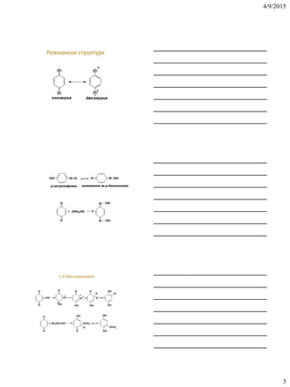 4/9/2015
3
O
O
: :
: :..
O
O
: :
: :
õèíîèäíà áåíçîèäíà
Резонансни структури
HO N=O NO OH
ð-íèòðîçîôåíîë ìîíîîêñèì íà ð-áåíçîõèíîíà
O
O
N
N
OH
OH
2NH2OH+
1,4-Присъединяване
O
O
O
OH
O O
Cl
H
OH
Cl
+ HCl
OH
OH OH
Cl Cl
O
O O
H
OCH3
OCH3
OH
CH3OH/HCl+
OH
OH
 
