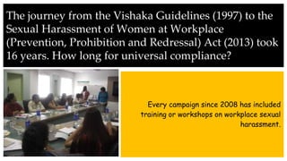 The journey from the Vishaka Guidelines (1997) to the
Sexual Harassment of Women at Workplace
(Prevention, Prohibition and Redressal) Act (2013) took
16 years. How long for universal compliance?
Every campaign since 2008 has included
training or workshops on workplace sexual
harassment.
 