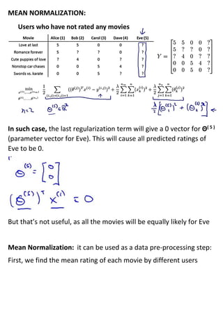 MEAN NORMALIZATION:
In such case, the last regularization term will give a 0 vector for Θ( 5 )
(parameter vector for Eve). This will cause all predicted ratings of
Eve to be 0.
But that’s not useful, as all the movies will be equally likely for Eve
Mean Normalization: it can be used as a data pre-processing step:
First, we find the mean rating of each movie by different users
 