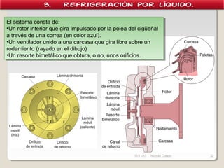 10/02/17 Nicolás Colado 32
El sistema consta de:
•Un rotor interior que gira impulsado por la polea del cigüeñal a
través de una correa (en color azul).
•Un ventilador unido a una carcasa que gira libre sobre un
rodamiento (rayado en el dibujo)
•Un resorte bimetálico que obtura, o no, unos orificios.
El sistema consta de:
•Un rotor interior que gira impulsado por la polea del cigüeñal a
través de una correa (en color azul).
•Un ventilador unido a una carcasa que gira libre sobre un
rodamiento (rayado en el dibujo)
•Un resorte bimetálico que obtura, o no, unos orificios.
3. Refrigeración por líquido.
 