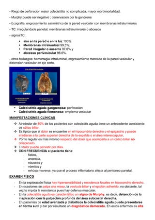 - Riego de perforacion maior colecistitits no complicada, mayor morbimortalidad.
- Murphy puede ser negativo ; denervacion por la gandrena
- Ecografia: engrosamiento assimétrico de la pared vesicular con membranas intraluminales
- TC: irregularidade parietal, membranas intraluminales o abcesos
- signosTC:
▪ aire en la pared o en la luz 100%.
▪ Membranas intraluminal 99,5%.
▪ Pared irregular o ausente 97,6% y
▪ abcesso perivesicular 96,6%.
- otros hallazgos: hemorragia intraluminal, engrosamiento marcado de la pared vesicular y
distension vesicular en eje corto.
▪ Colecistittis aguda gangrenosa: perforacion
▪ Colecistittis aguda flemonosa: empiema vesicular
MANIFESTACIONES CLÍNICAS
❖ Alrededor de 80% de los pacientes con colecistitis aguda tiene un antecedente consistente
de cólico biliar.
❖ Es típico que el dolor se encuentre en el hipocondrio derecho o el epigastrio y puede
irradiarse a la parte superior derecha de la espalda o el área interescapular.
❖ Por lo regular es más intenso respecto del dolor que acompaña a un cólico biliar no
complicado.
❖ El dolor puede persistir por días.
❖ CON FRECUENCIA el paciente tiene:
- fiebre,
- anorexia,
- náuseas y
- vómitos y
- rehúsa moverse, ya que el proceso inflamatorio afecta al peritoneo parietal.
EXAMEN FÍSICO
- En la exploración física hay hipersensibilidad y resistencia focales en hipocondrio derecho.
- En ocasiones se palpa una masa, la vesícula biliar y el epiplón adherido; no obstante, tal
vez lo impida la resistencia pues hay defensa muscular.
- En la colecistitis aguda es característico un signo de Murphy, es decir, detención de la
inspiración con la palpación profunda del área subcostal derecha.
- En pacientes de edad avanzada y diabéticos la colecistitis aguda puede presentarse
en forma sutil y dar por resultado un diagnóstico demorado. En estos enfermos es alta
 