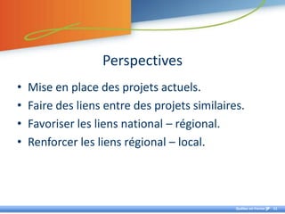 PerspectivesMise en place des projets actuels. Faire des liens entre des projets similaires. Favoriser les liens national – régional.Renforcer les liens régional – local.