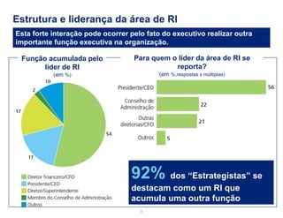 Estrutura e liderança da área de RI 
8 
Função acumulada pelo líder de RI 
(em %) 
Para quem o líder da área de RI se reporta? 
(em %,respostas s múltiplas) 
Esta forte interação pode ocorrer pelo fato do executivo realizar outra importante função executiva na organização. 
92% dos “Estrategistas” se destacam como um RI que acumula uma outra função  