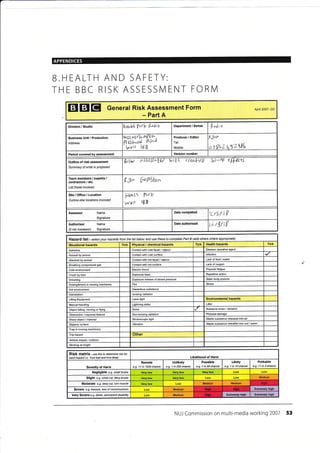 APPENDICES
B.HEALTH AND SAFETY:
THE BBC RISK ASSESSIVI ENT FORIVI
EIEIEI General Risk Assessment Form
- Part A
Apil 2007- DC
Hazard list - se/ect your hazards from the list below and use these to complete Paft B (add others where appropiate)
Situational hazards Tick Physical / chemical hazards Tick Health hazards Tick
Asbeslos Conlact wdh cold liquid / vapour Disease @usative agent
Assault by person Contact with cold surface lnfection
Attacked by animal Contact with hot liquid / vapour Lack offood /waler
Breathing compressed gas Conted wilh hot surface Lack of oxygen
Cold environment Eleckic shock Physical faligue
Crush by load Explosive blast Repetitive action
Drowning Explosive release of stored pressure Static body posture
Entanglement in moving rnactlinery Fire Stress
Hot environment Hazardous substance
lntimidation lonizing radiation
Lifling Equipment Laser light Environmental hazards
Manual handling Lightning strike Litter
Object falling, moving or flying Noise Nuisance noise /vibration
obskuction / exposed fealure Non-ionizing radiation Physical damage
Sharp object / malerial Stroboscopic liqht Wasle subslance released inlo air
Slippery surface Vibration Waste substance released into soil / water
Trap in moving machinery
Trip hazard Other
Vehicle impact / collision
Working at height
RiSk matfix - u"e this to determine risk tot
each hazard i.e.'how bad and how likely' Likelihood of Harm
Severity of Harm
Remote
e-9. <1 in 1000 chance
Unlikely
e.g. 1 in 200 chance
Possible
e-9. 1 in 50 chance
Likely
e.g. 1 in 10 chance
Probable
e.g. >1 in 3 chance
Negligible e.g. snall btuise
Slight e.g. small cut, deep bruise Medium
Medium Medium
Severe e.g. tacturc, Ioss ofcorscDusness Medium Extremely high
Very Severe e.g. death, pemanent disability Medium Extremely high Extremely high
Division / Studio tia*{ Frrh {trdio Department / Series P"J;o
WoLv€rreFI1&0",
Pf 6!'ooJ lu'"'
rvvtl l(0
Producer / Editor
Tel:
Mobile:
LAq,
otgb? U;ZWG
Period covered by assessment Vereion number
Outline of risk assessment
Summary of what is proqosed
l*' V,l ( {e&
Team members / experts /
contractors / etc.
List those involved
t&" F/hSiu"
penft ?b{k
wvrr lp}
Assessor Name
Signature
Date completed
tt-15/ l0
Authoriser Name
(if not Assessor) Signature
Date authorised
tt/t/tt
NUJ Commission on multi-media working 2007 53
Business Unit / Production
Address
Site/Office/Location
Outline site/ locations involved
1i,Moderate e-9. deep cut, torn muscle
 