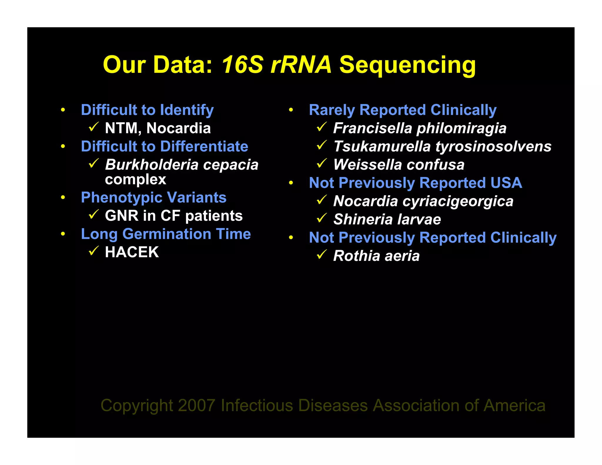 Our Data: 16S rRNA Sequencing
• Difficult to Identify        • Rarely Reported Clinically
      NTM, Nocardia                 Francisella philomiragia
• Difficult to Differentiate        Tsukamurella tyrosinosolvens
      Burkholderia cepacia          Weissella confusa
      complex                  • Not Previously Reported USA
• Phenotypic Variants               Nocardia cyriacigeorgica
      GNR in CF patients            Shineria larvae
• Long Germination Time        • Not Previously Reported Clinically
      HACEK                         Rothia aeria
 