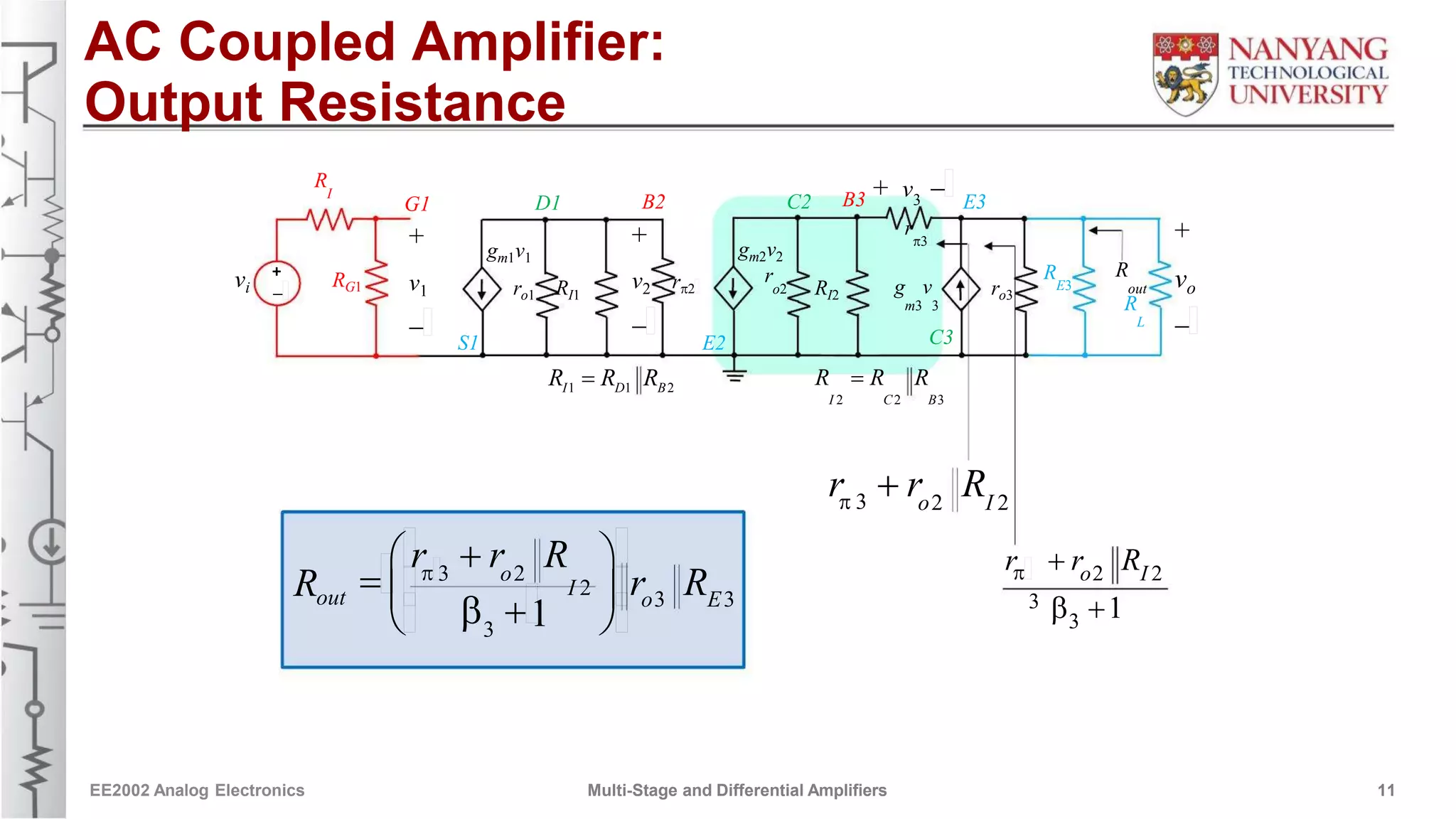 AC-Coupled Amplifier:
Output Resistance
+ v -R
I
B3 3G1 D1 B2 C2 E3
++ + r
p3
g v g vm1 1 m2 2
+
-
R
out
R
L
vi v2 rp2 vo
-
RG1 v1
R
E3ro1 RI1
r
o2 RI2 g v
m3 3
ro3
- - C3S1 E2
R  R R R  R R
I 2 C2 B3
I1 D1 B2
r  r Rp 3 o2 I 2
r  r R  r  r R
 p3 o2
I 2 r R p
3
o2 I 2
Rout   1 o3 E3  1  33
EE2002 Analog Electronics Multi-Stage and Differential Amplifiers 11
AC Coupled Amplifier:
Output Resistance
 