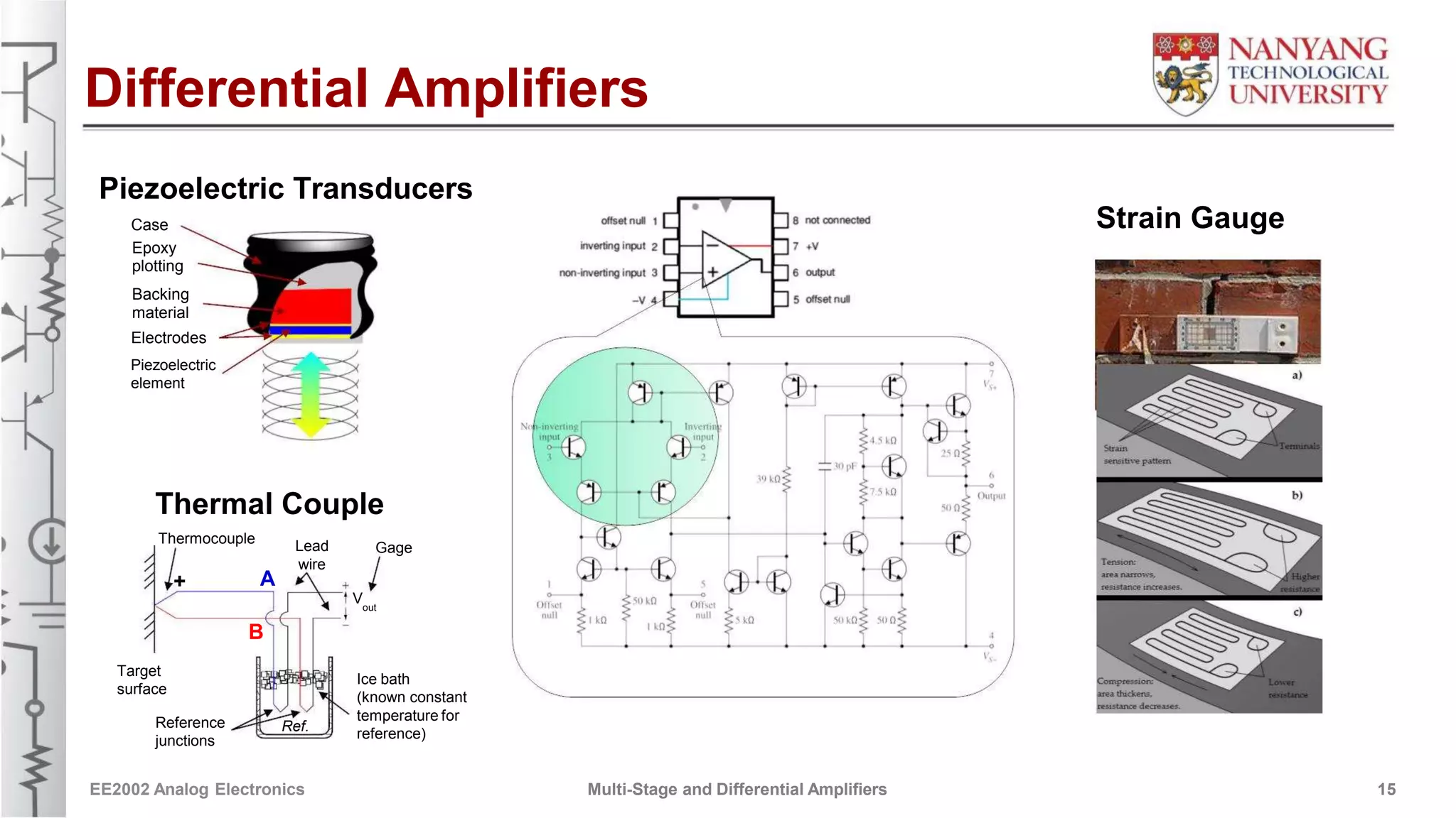 Differential Amplifiers
Piezoelectric Transducers
Strain GaugeCase
Epoxy
plotting
Backing
material
Electrodes
Piezoelectric
element
Thermal Couple
Thermocouple Lead
wire
Gage
A+
Vout
B
Target
surface
Ice bath
(known constant
temperature for
reference)
Reference
junctions
Ref.
EE2002 Analog Electronics Multi-Stage and Differential Amplifiers 15
 