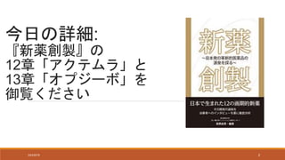 今日の詳細:
『新薬創製』の
12章「アクテムラ」と
13章「オプジーボ」を
御覧ください
3/23/2016 2
 