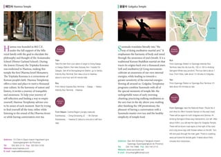 kE

Bulguksa
Sukgulam

ean
gha

xpy

y

or Daegu Station, then take Subway line 1 headed for
Daegok. Get off at Seongdangmot Station, go to Seobu
Intercity Bus Terminal, then take a bus to Haeinsa.
(about a one hour and 40 minute ride)
Bus
From Seoul: Express Bus Terminal → Daegu → Seobu
Intercity Bus Terminal →Haeinsa

Private
Car

From Masan: Central Region (Jungbu naeryuk)
Expressway → Dong-Goryeong JC → 88 Olympic
Expressway → Haeinsa IC (about a one and a half hour

Gyeongju
National Park

S

unmudo translates literally into “the
way of doing meditative martial arts.” It
emphasizes the harmony of body and mind
through the awareness of one’s breath. It is a
traditional Korean Buddhist martial art that
traces its origins back over a thousand years.
Soft and meditative Qi Gong movements
cultivate an awareness of our own internal
energies, while leading us towards a
greater sensitivity of the external energies
flowing all around us. Golgulsa Templestay
programs combine Sunmudo with all of
the special moments of temple life: the
unforgettable tones of early morning
chanting; practicing walking meditation as
the sun rises in the sky above you; exalting
after finishing the 108 prostrations; the
pleasure of having a conversation with a
Sunmudo master over tea; and the healthy
simplicity of temple food.

9

Take the train from your place of origin to Dong-Daegu

92

Train

Eest Sea

te

Public
Transit

7

ic

mp

Oly

88

p
Ex

Bu
lgu
k-r
o

Gaya-myeon

4

u
Ro

n-ro

te
Rou

asa

aeinsa was founded in 802 C.E.
under the full support of the Silla
royal family with the goal to elucidate the
philosophy and thought of the Avatamsaka
School (Flower Garland School). During
the Joseon Dynasty the Tripitaka Koreana
was enshrined in Haeinsa, making this
temple the first Dharma Jewel Monastery.
The Tripitaka Koreana is a cornerstone of
Korean people’s faith. Haeinsa Templestay
offers a time and place to meet a thousand
year culture. In the harmony of nature and
history, it invites a journey of tranquility
and awareness. To help your journey of
self reflection and finding a way to empty
yourself, Haeinsa Templestay advises you
to be aware of each moment. Start by trying
to find yourself all the time, either while
listening to the sound of the Dharma drum
or while having conversation over tea.

Route

Don

Se
on
jug
ay

yu
aer

Gay

H

4
te 1
Rou

Golgulsa
Route 4

bu n

Haeinsa

g
Jun

Gayasan
National Park

-ro

골굴사 Golgulsa Temple

as
an
-ro

해인사 Haeinsa Temple

Public
Transit

Bus
From Gyeongju Station or Gyeongju Intercity Bus
Terminal, take the city bus No. 100 or 150 to Andong
Samgeori (three-way junction). The bus ride is about 1
hour. From there, walk about 15 minutes to Golgulsa.
Taxi
From Gyeongju Station or Gyeongju Bus Terminal, it’ll
take about 50 minutes by taxi.

Private
Car

From Gyeongju: take the National Road / Route No.4
and drive for 26km towards Gampo on the east coast.
There will be signs for both Golgulsa and Girimsa. At
Andong Samgeori (three-way intersection), turn left. After
about 500m, you will see the signs for Golgulsa Temple.

ride)

There will be brown road signs on the right of the road,
and a big stone sign with Korean letters on the left. Turn
left and pass through the main gate. There is a parking
Address	0 Chiin-ri Gaya-myeon Hapcheon-gun 		
1
Gyeongsangnam-do Province
Tel	
055 934 3110 Fax 055 934 3109
Website www.haeinsa.or.kr
E-mail	 haeinsa@templestay.com

area just inside the temple gate. It takes about thirty
Address	 an 304 Andong-ri Yangbuk-myeon
S
Gyeongju Gyeongsangbuk-do Province
Tel	
054 744 1689 Fax 054 745 0172
Website www.sunmudo.net
E-mail	 d-kumkang@hotmail.com

minutes from downtown.

 