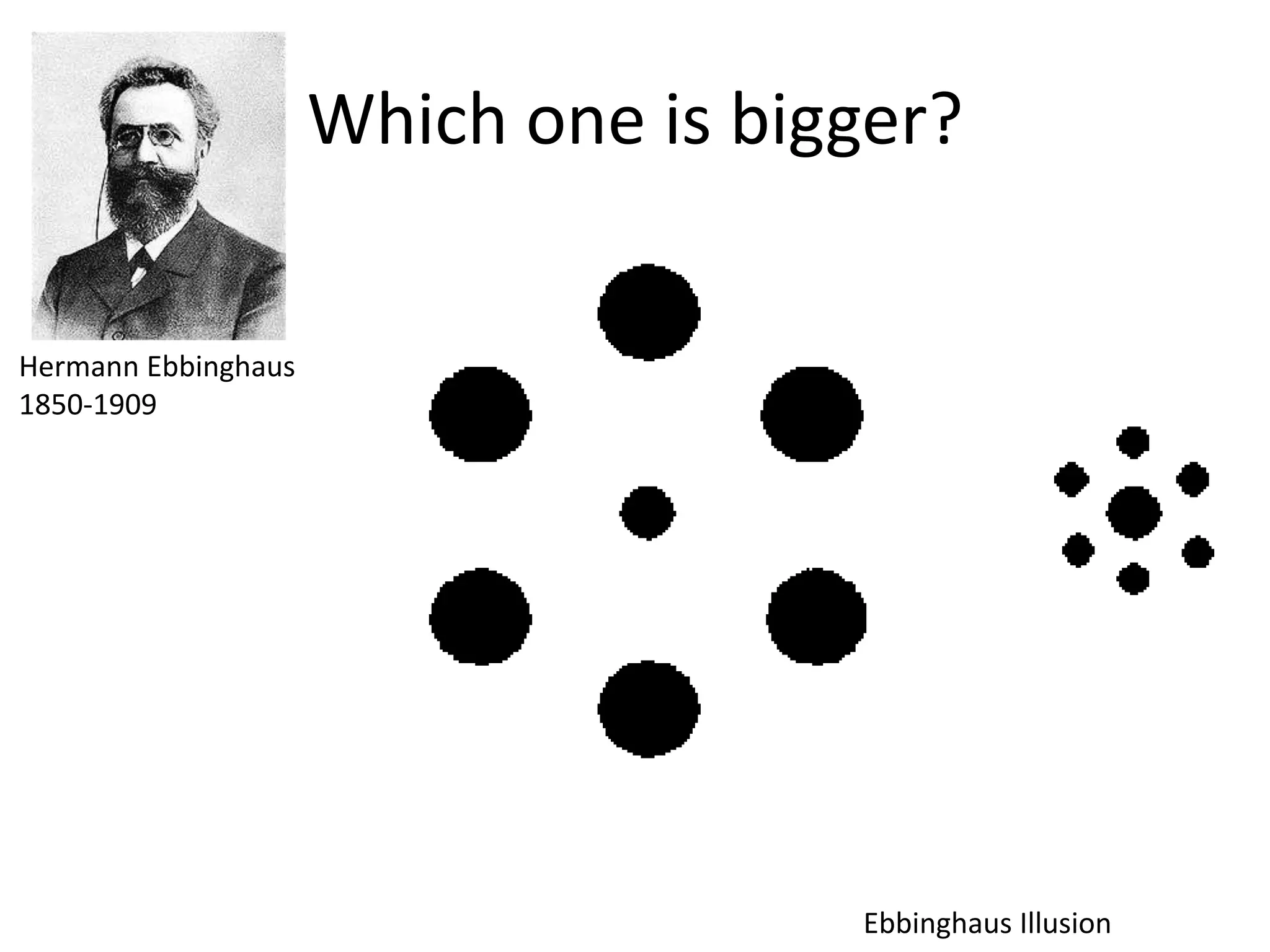 Which one is bigger?

Hermann Ebbinghaus
1850-1909




                                     Ebbinghaus Illusion
 