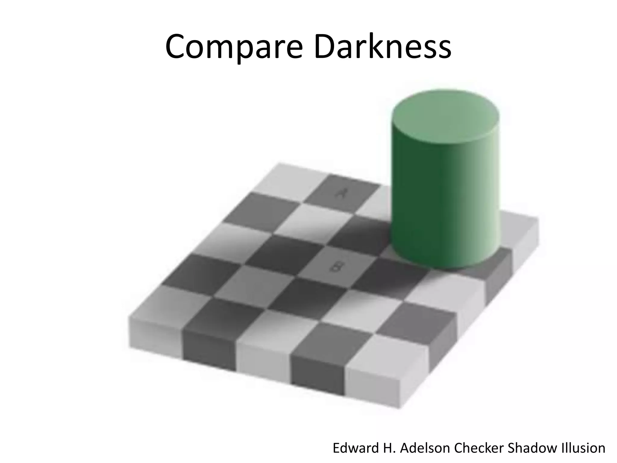 Compare Darkness




         Edward H. Adelson Checker Shadow Illusion
 