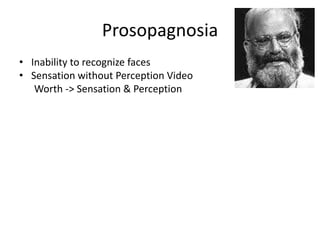 Prosopagnosia
• Inability to recognize faces
• Sensation without Perception Video
   Worth -> Sensation & Perception
 