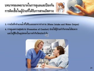 บทบาทของพยาบาลในการดูแลและป้องกัน
การติดเชื้อในผู้ป่วยที่ได้รับการสวนปัสสาวะ
3. การบันทึกจานวนน้าที่ได้รับและออกจากร่างกาย (Water Intake and Water Output)
4. การดูแลความสุขสบาย (Promotion of Comfort) ช่วยให้ผู้ป่วยทากิจกรรมได้สะดวก
และไม่รู้สึกเป็นอุปสรรคในการทากิจวัตรประจาวัน
20
 
