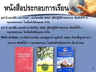 หนังสือประกอบการเรียน
สุปรานี เสนาดิสัย และวรรณภา ประไพพานิช (2554). คู่มือปฏิบัติการพยาบาล. พิมพ์ครั้งที่ 13 .
กรุงเทพมหานคร: โรงพิมพ์บริษัทจุดทอง จากัด.
สุปรานี เสนาดิสัย และมณี อาภานันทิกุล. (2552). คู่มือปฏิบัติการพยาบาล. พิมพ์ครั้งที่ 1 .
กรุงเทพมหานคร: โรงพิมพ์บริษัทจุดทอง จากัด.
สิริรัตน์ ฉัตรชัยสุชา, ปรางทิพย์ อจจะรัตน และณัฐสุรางค์ บุญจันทร์. (2550). ทักษะพื้นฐานทางการ
พยาบาล. พิมพ์ครั้งที่ 3. กรุงเทพมหานคร: โรงพิมพ์ห้างหุ้นส่วนจากัด เอ็น พี เพรส.
21
 